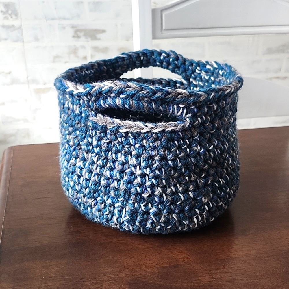 Handmade Crocheted Basket with Handles- shades of blue